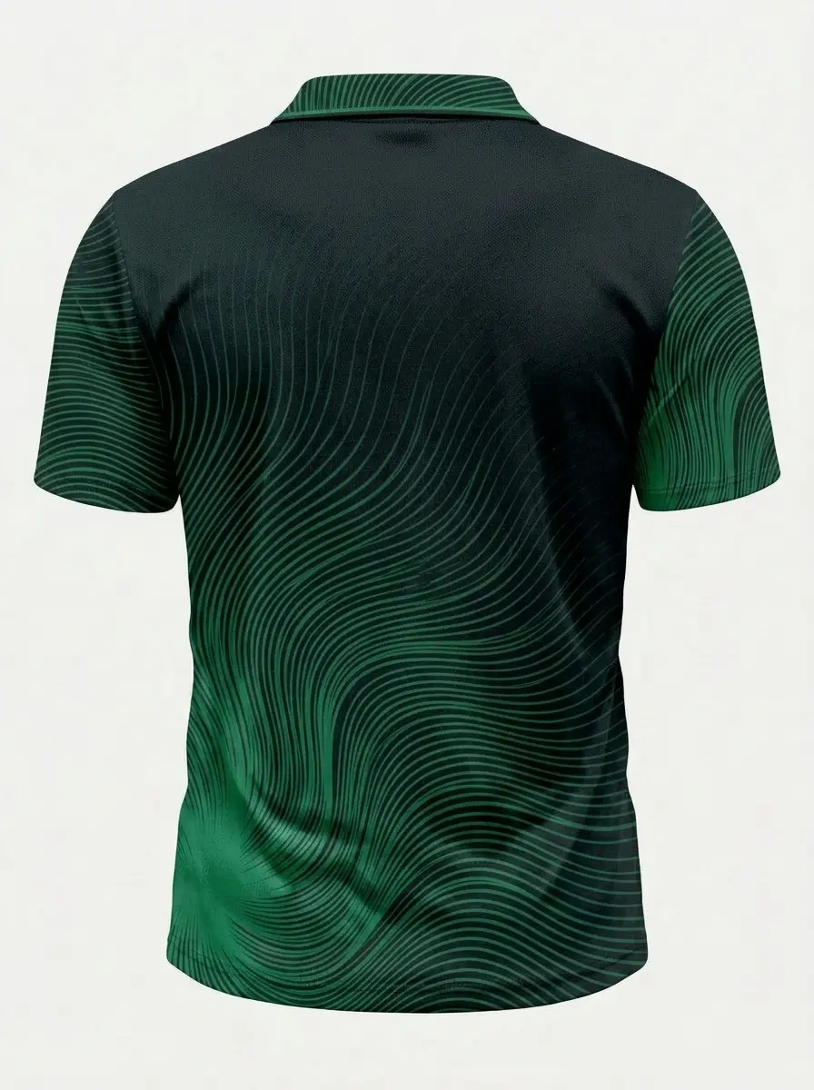 Moisture Wicking Golf Polo 3D Dark Green Wave Stripe Button Short Sleeve Golf Polo Shirt