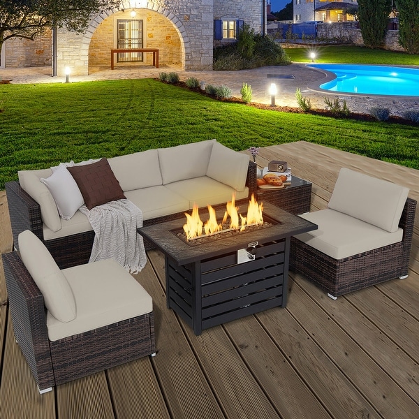 Gymax 7PCS Patio Rattan Furniture Set 42'' Fire Pit Table w/ Cover