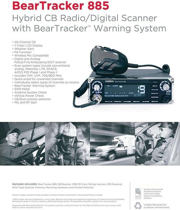 beartracker-885-Hybrid Full-Featured CB Radio + Digital TrunkTracking Police/Fire/Ambulance/DOT Scanner w/ BearTracker Warning System Alerts, 40-channel CB, 4-Watts power, 7-color display.
