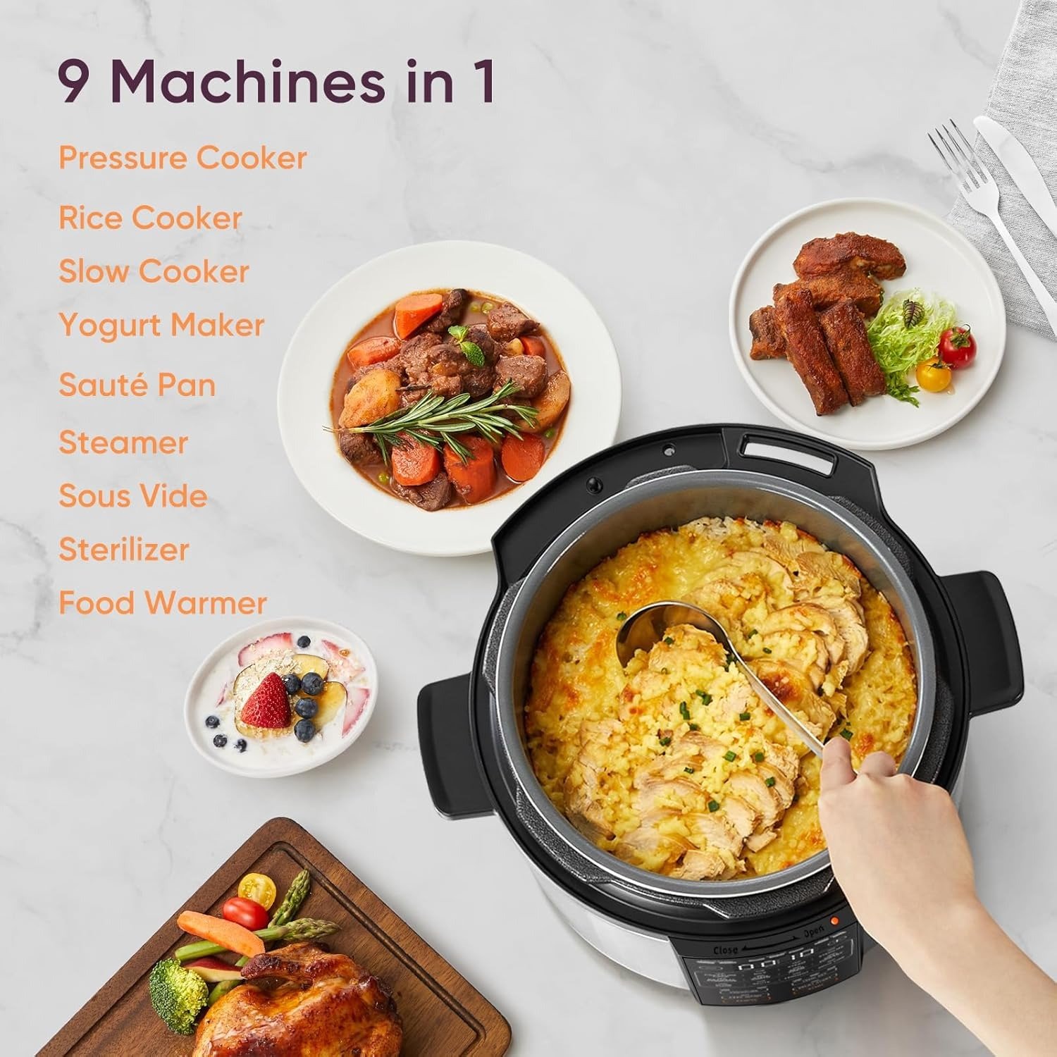 6QT, Stainless Steel, 9-in-1 Multi Cooker, 12 Safety Features, Ceramic Inner Pot, Rice, Slow Cook, Sous Vide, Saute, 1100W
