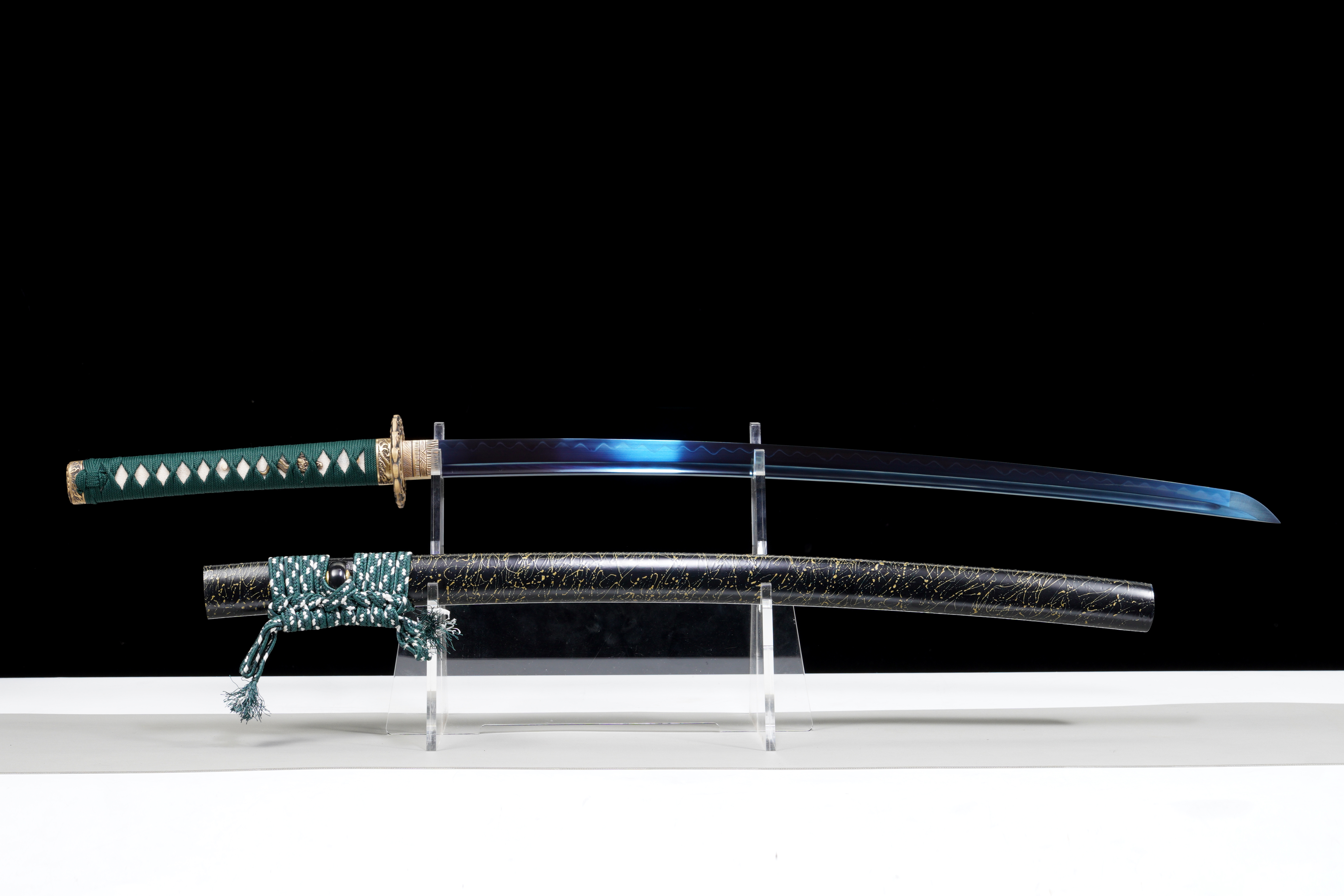 Handmade Katana T10 Steel Clay Tempered Blue Blade Azure Cloud Full Tang