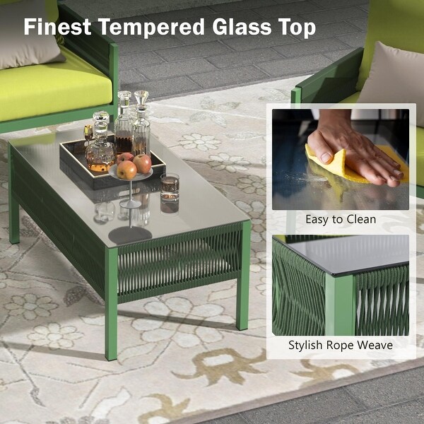 Rope Patio Conversation Set with Tempered Glass Table (4 Pieces)