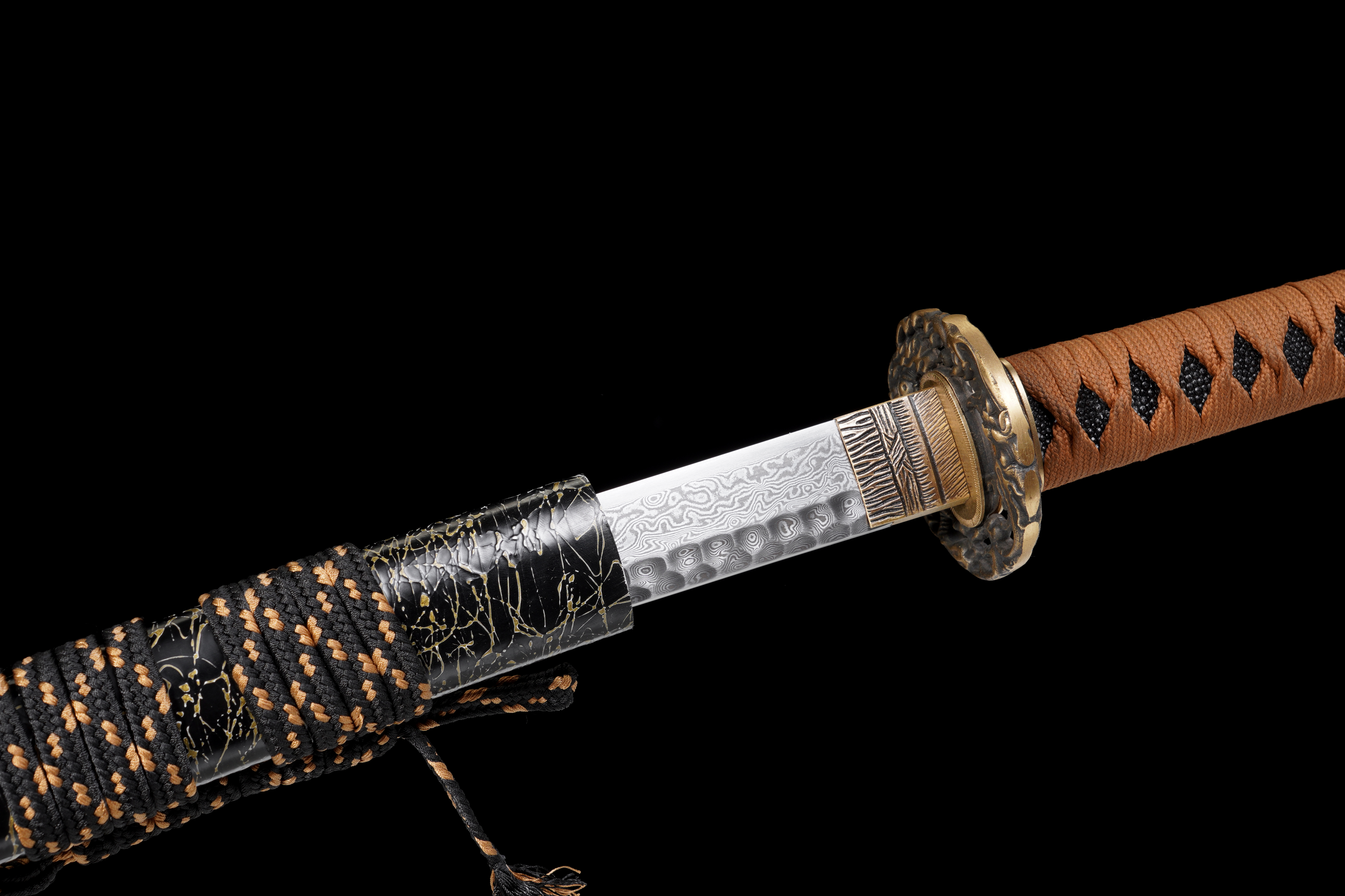 Handmade Katana Damascus Steel Night Rain Golden Dragon Full Tang