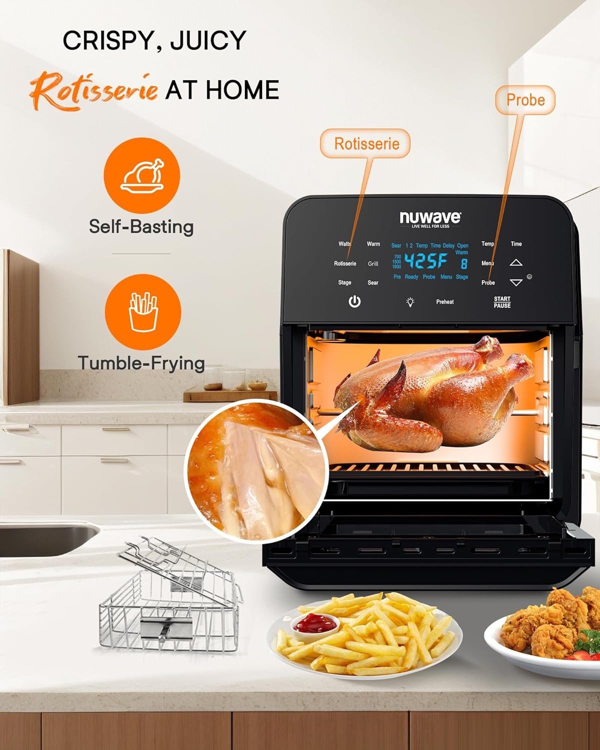 Multi-Function Rotisserie Air Fryer Oven, Integrated Thermometer, Smart Cooking Technology, Stainless Steel