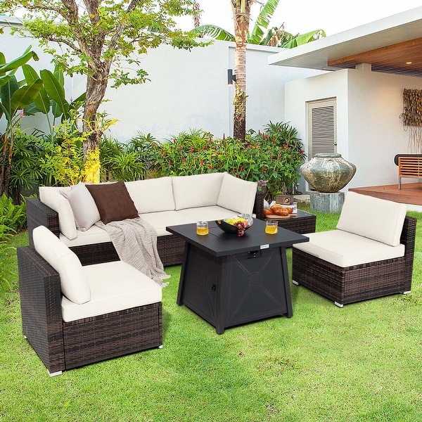 7PCS Patio Conversation Set Furniture Set w /50,000 BTU Fire Pit Table