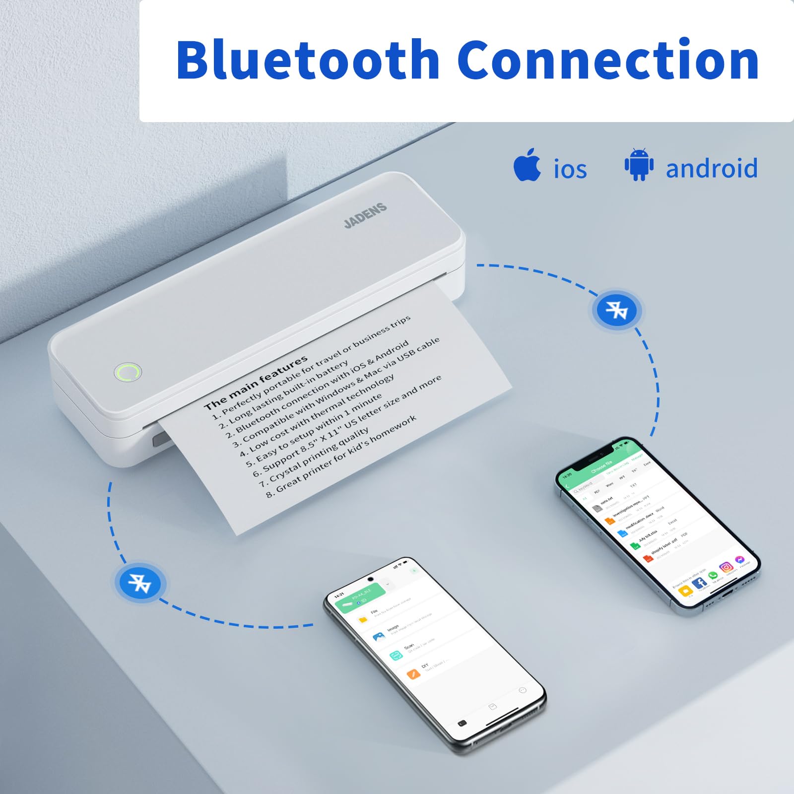 JADENS Portable Printers Wireless for Travel, Support 8.5