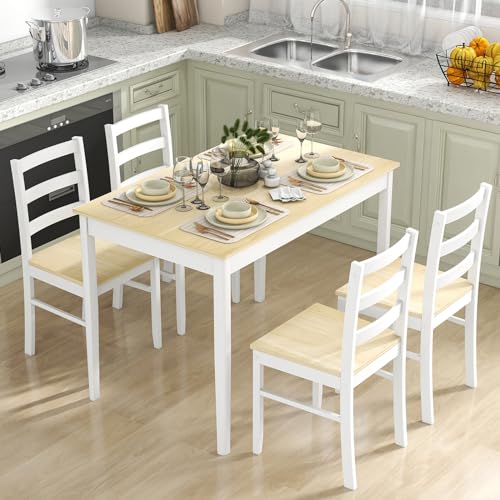 Tangkula Dining Table Set for 4, Solid Wood, Farmhouse Dinette Set w/Rubber Wood Legs, Mid-Century Modern Dining Table and Chairs Set for Kitchen, Dining Room (Brown+White)