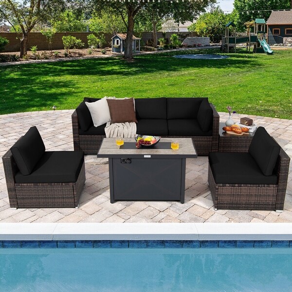 Gymax 7PCS Patio Rattan Furniture Set Fire Pit Table Cover Cushion