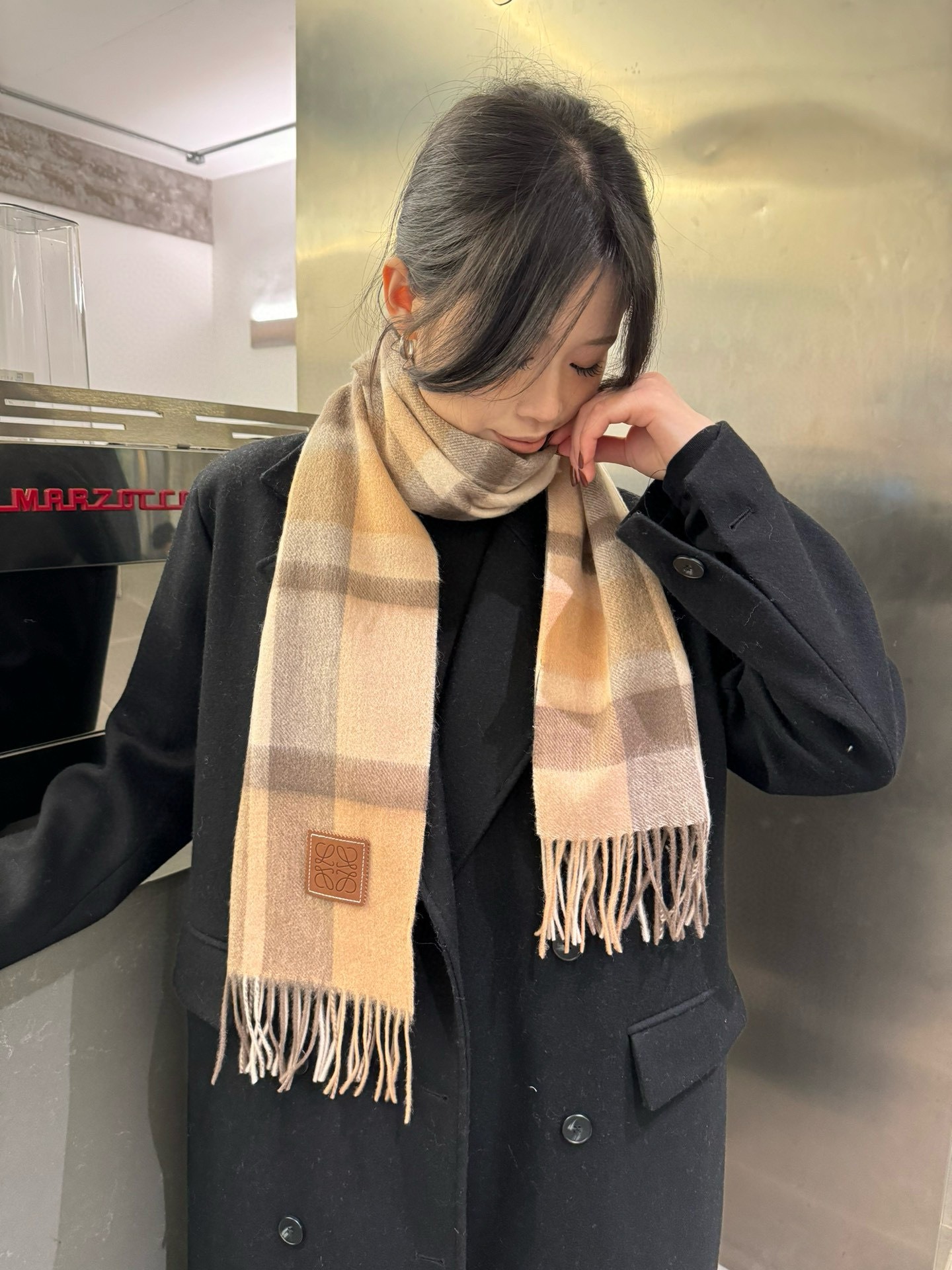 Loewe Cashmere Scarf Check Beige Brown For Women 180cm