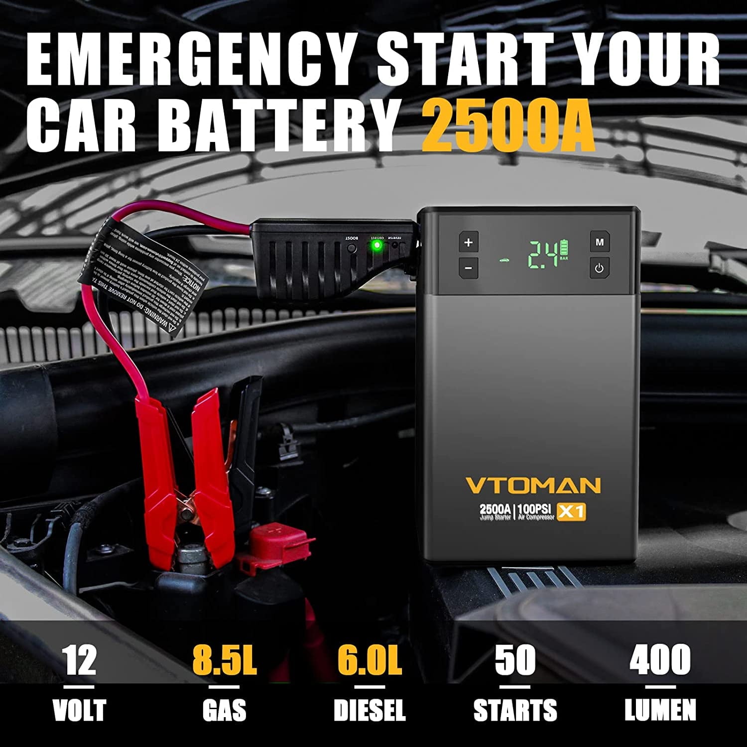 Jump Starter with Air Compressor,2500A Peak 12V Jumper Box for 8.5L Gas and 6.0L Diesel Engines with 150PSI Compressor Tire Inflator,Portable Auto Lithium Battery Booster Power Bank Car Starter