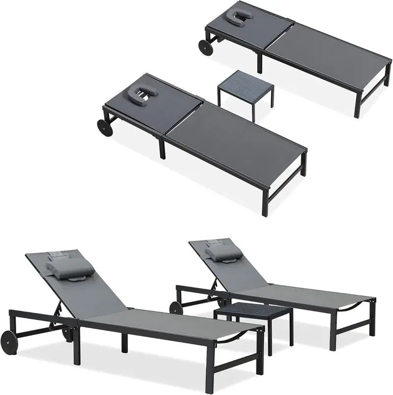 PURPLE LEAF Tanning Lounge Set – Adjustable Aluminum Reclining Chairs with Face-Down Hole, Wheels, Pillows & Matching Table
