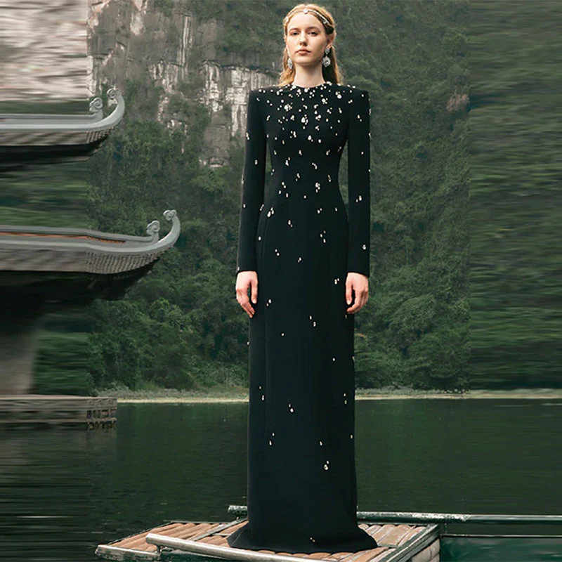 Elegant Beaded Maxi Dress | Formal Long Sleeve GownClistos