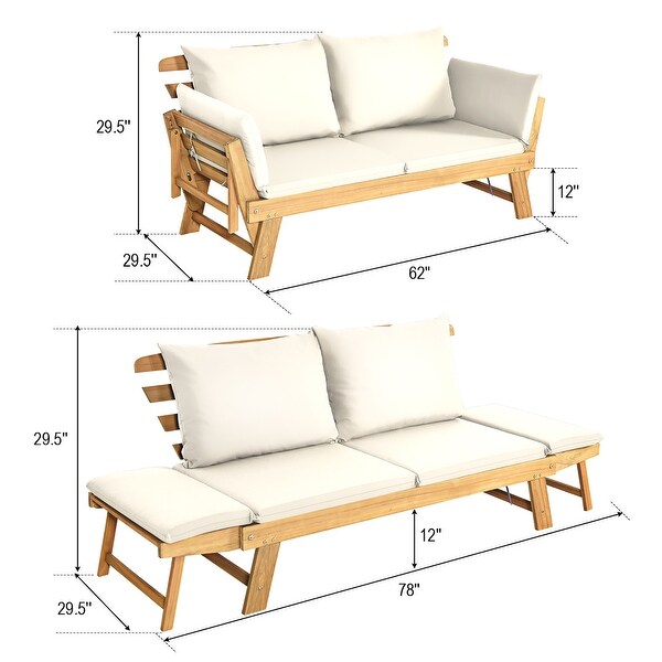 Gymax Adjustable Patio Sofa Daybed Acacia Wood Furniture w/ White