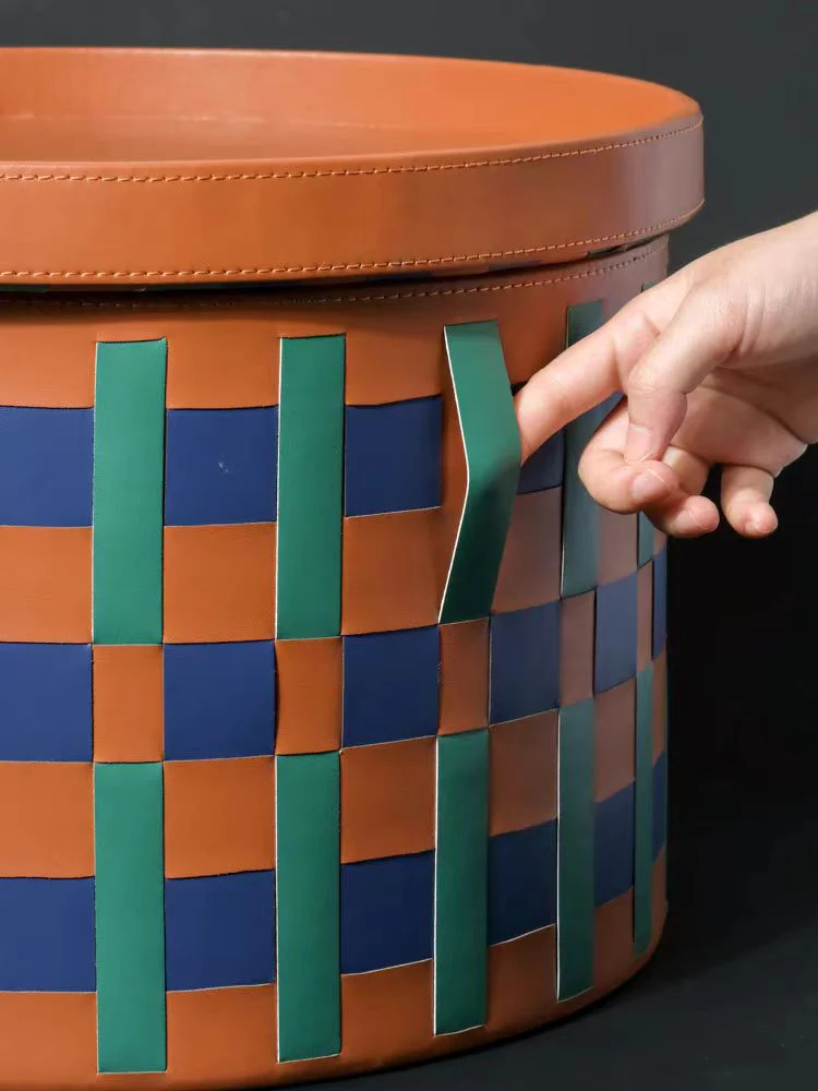 DC127 - HERMÈS Iris Blue Gold Brown BV Braided Checkered Cover Storage Box, Side Table with Storage, Coffee Table