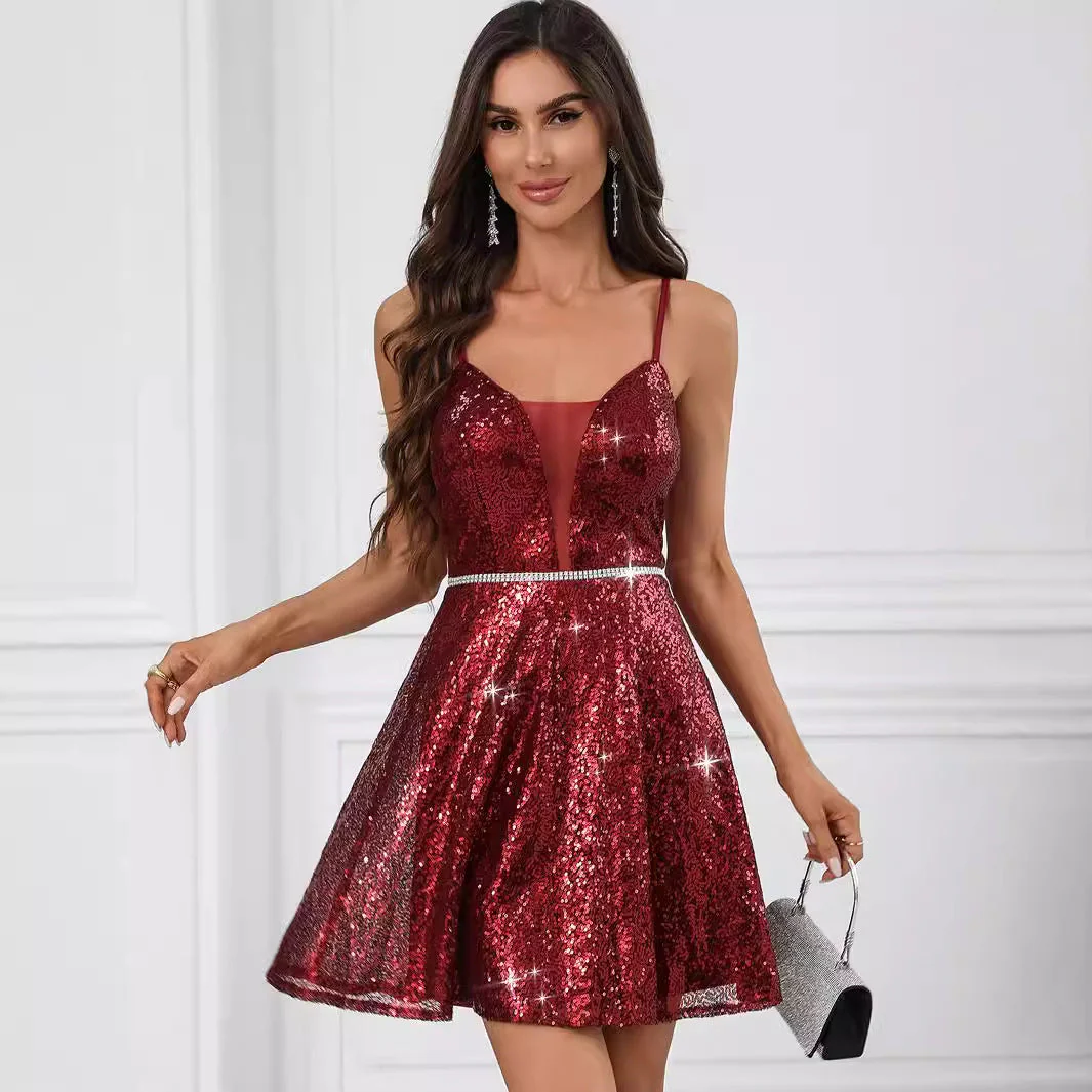 Sparkle Sequin V-Neck Backless Party DressClistos