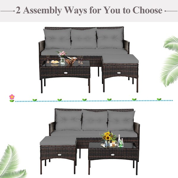 Costway 3PCS Patio Rattan Furniture Set 3Seat Sofa Cushioned Table