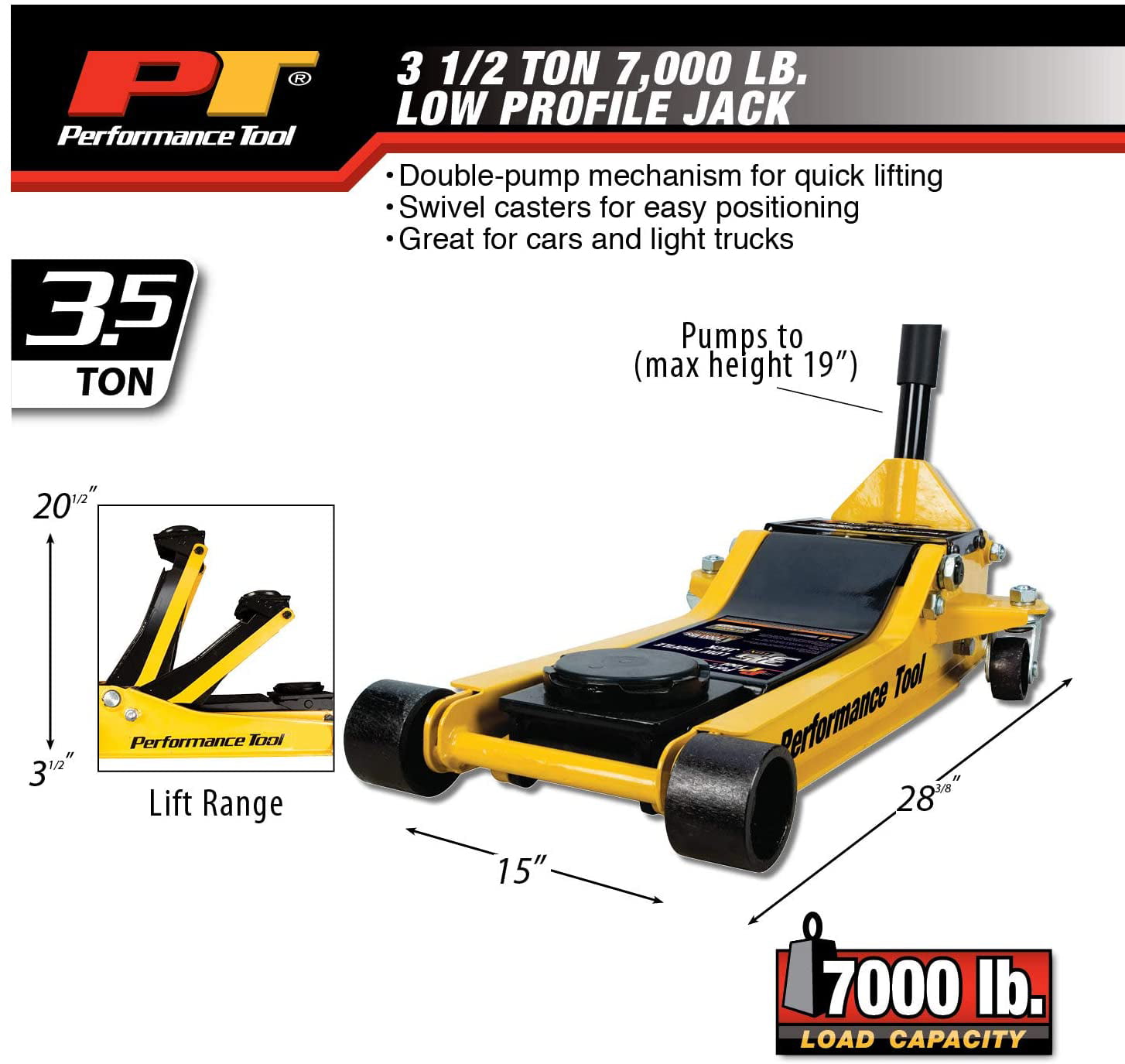 Performance Tool W1645 3.5-Ton 7,000 lbs Low Profile Jack, 3-1/2