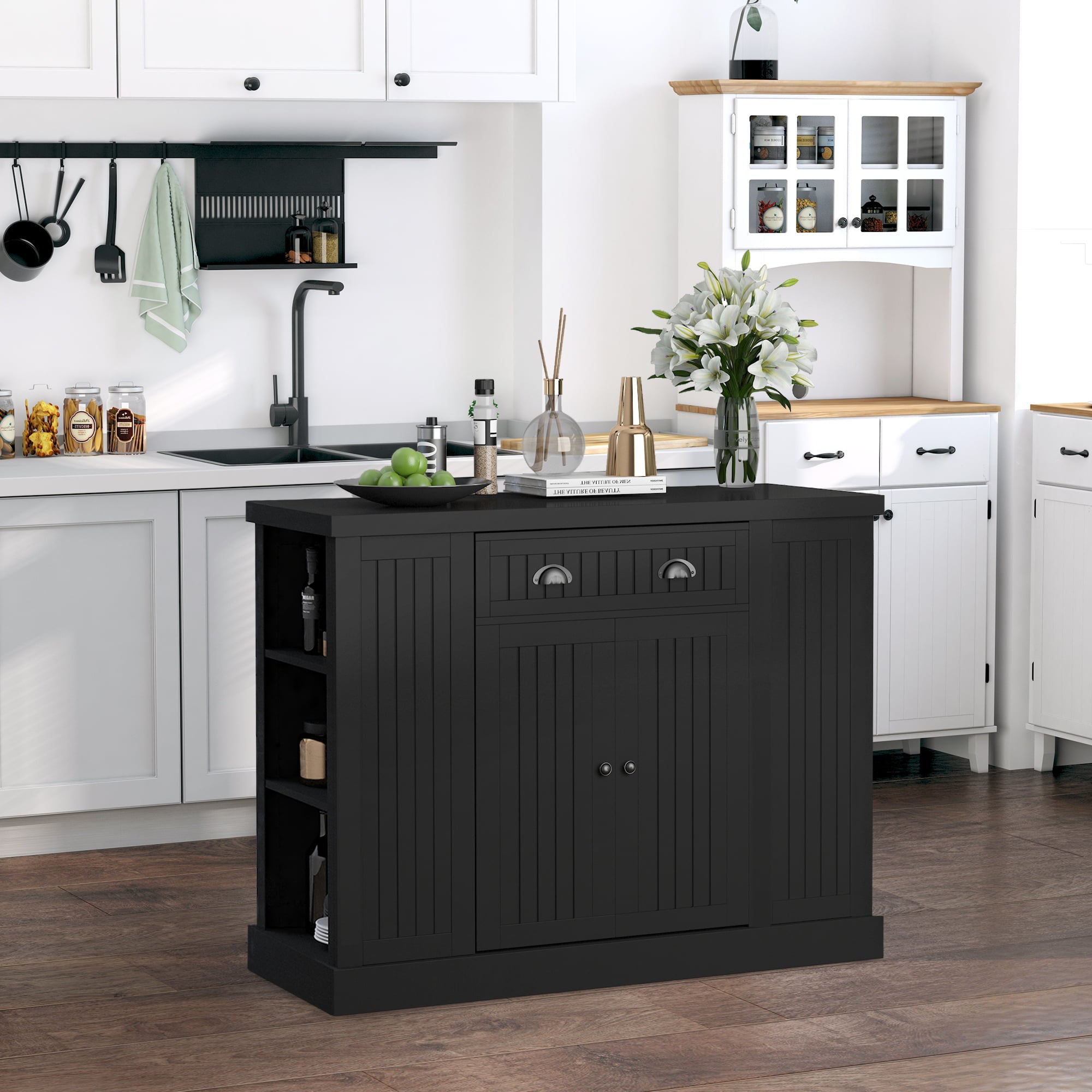 HomCom Fluted-Style Wooden Kitchen Island Storage Cabinet with Drawer, Open Shelving, and Interior Shelving for Dining Room, Black