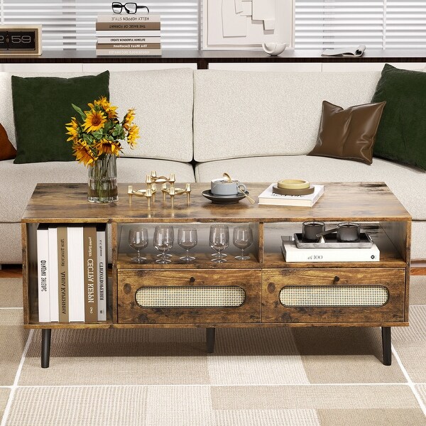 Mixoy Coffee Table,Mid Century Modern Coffee Table with 3 Open Shelves and 2 Storage Cabinets for Living Room