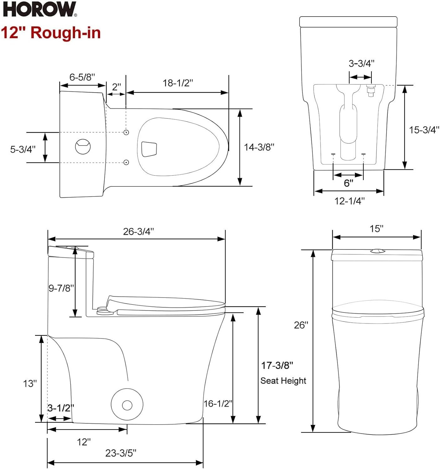 17.3′′ ADA Comfort Height One Piece Toilet, 12′′ Rough-in Elongated Dual Flush Skirted Toilet