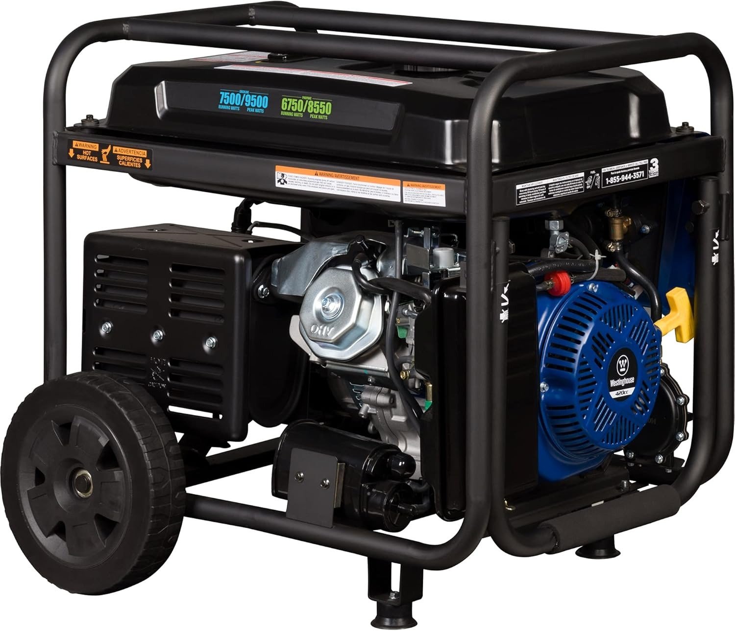9500 Peak Watt Dual Fuel Home Backup Portable Generator, Electric Start, Transfer Switch Ready, Gas & Propane Powered, CO Sensor