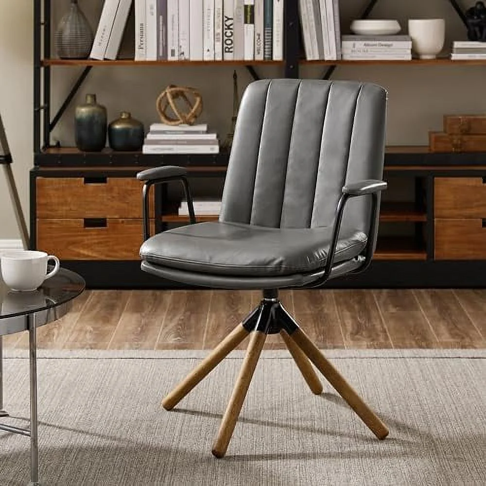 TJUNBOLIFE ° Swivel Mid Century Modern Office Chair  Ergonomic Desk Chair for Living Room  Computer Chair PU Leather Home Office Chair with Oak Wood Legs  OffWhite & No Wheel