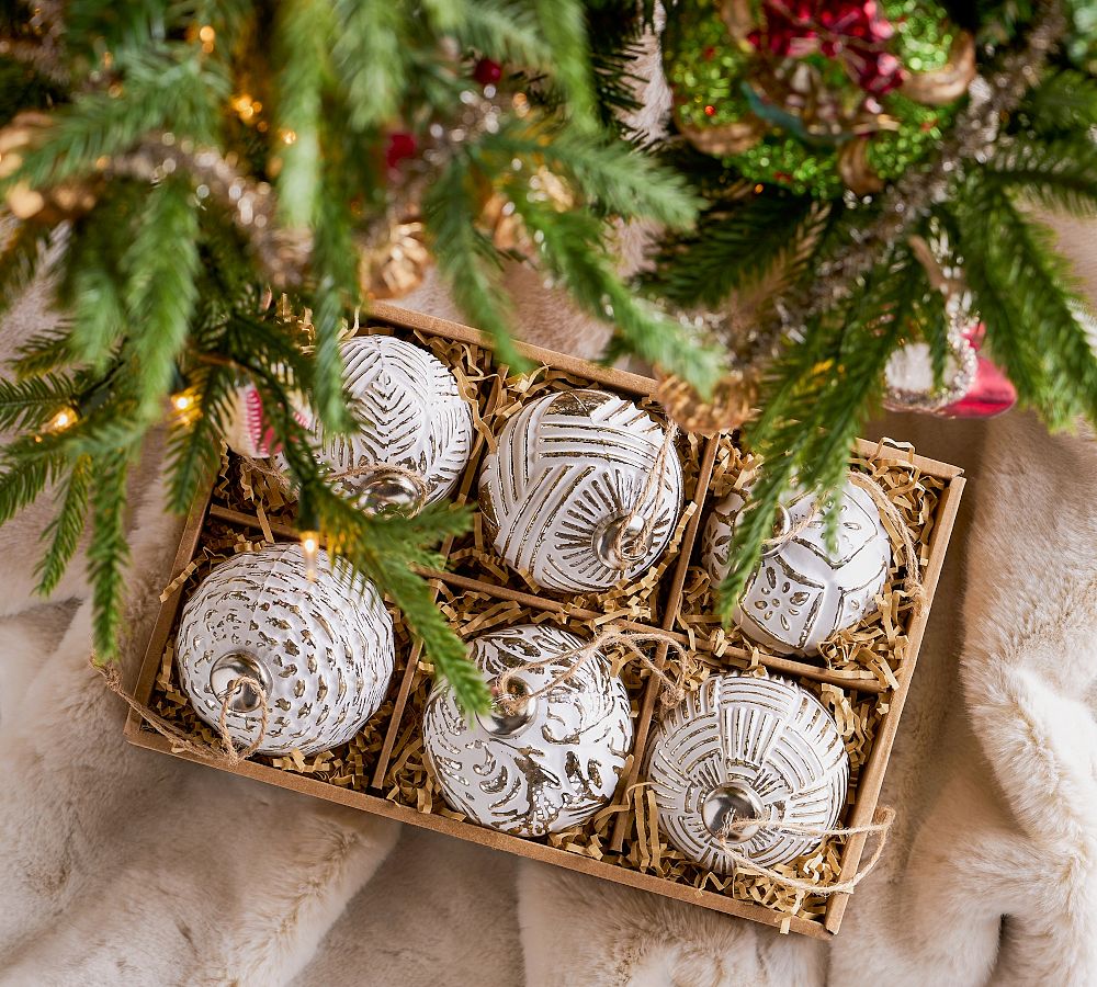 White & Silver Glass Ball Ornaments - Set of 6  sgtnighsdesigns