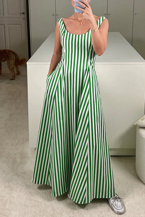 Striped Maxi Swing Dress with PocketsClistos