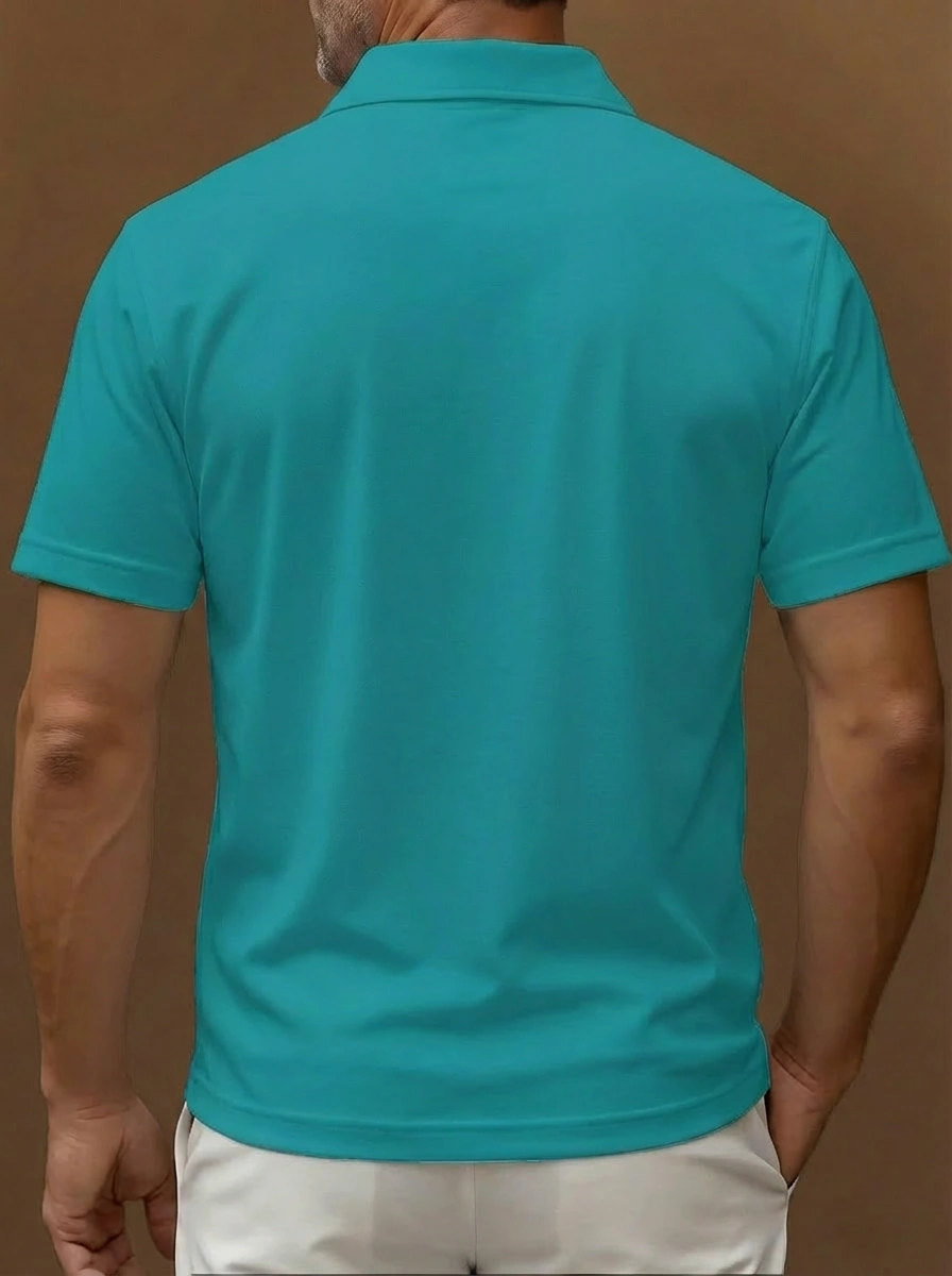 Teal White Retro Atomic Star Pattern Button Short Sleeve Golf Polo Shirt