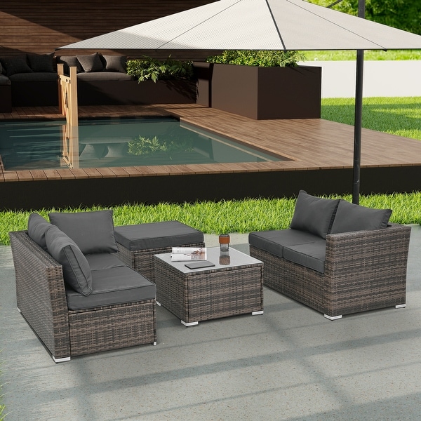 4Piece Patio Conversation Wicker Furniture Set,Sectional Sofa Set with Tempered Glass Coffee Table,Sofa Chair and Ottoman Sets