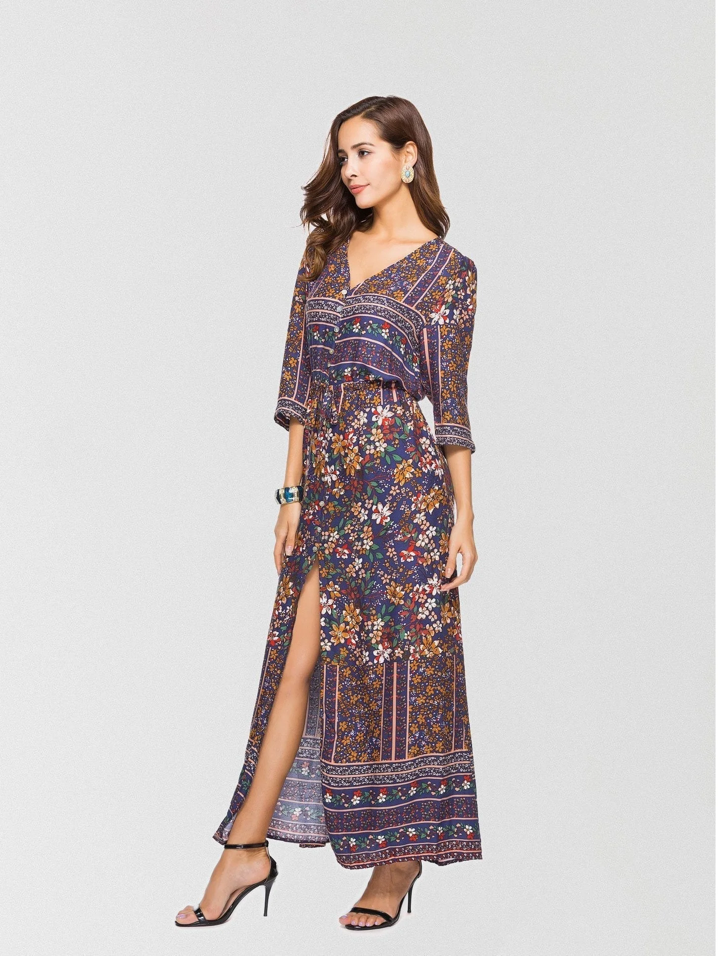 Floral Maxi Dress with Slit & V-NeckClistos