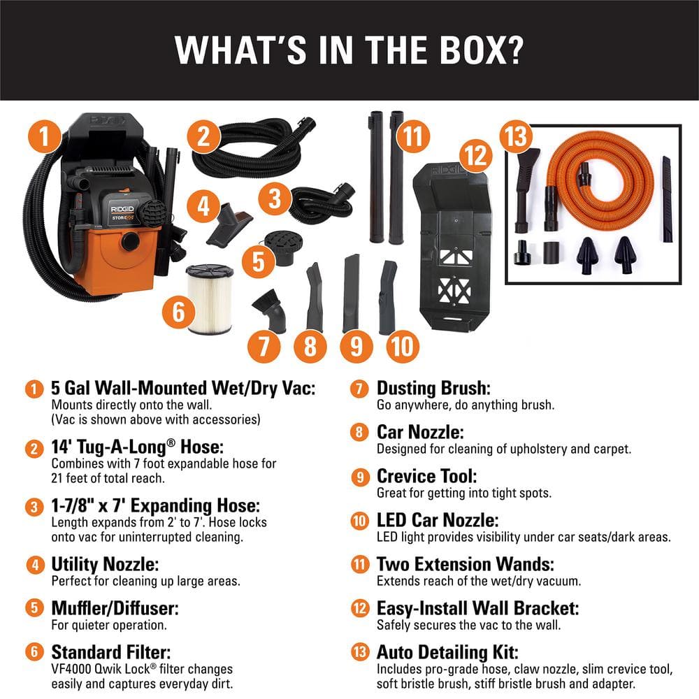 Ridgid 5 Gal. 5.0 Peak HP Portable Wall-Mountable Wet/Dry Shop Vacuum with LED Lighted Car Nozzle and Premium Car Cleaning Kit WD5500B