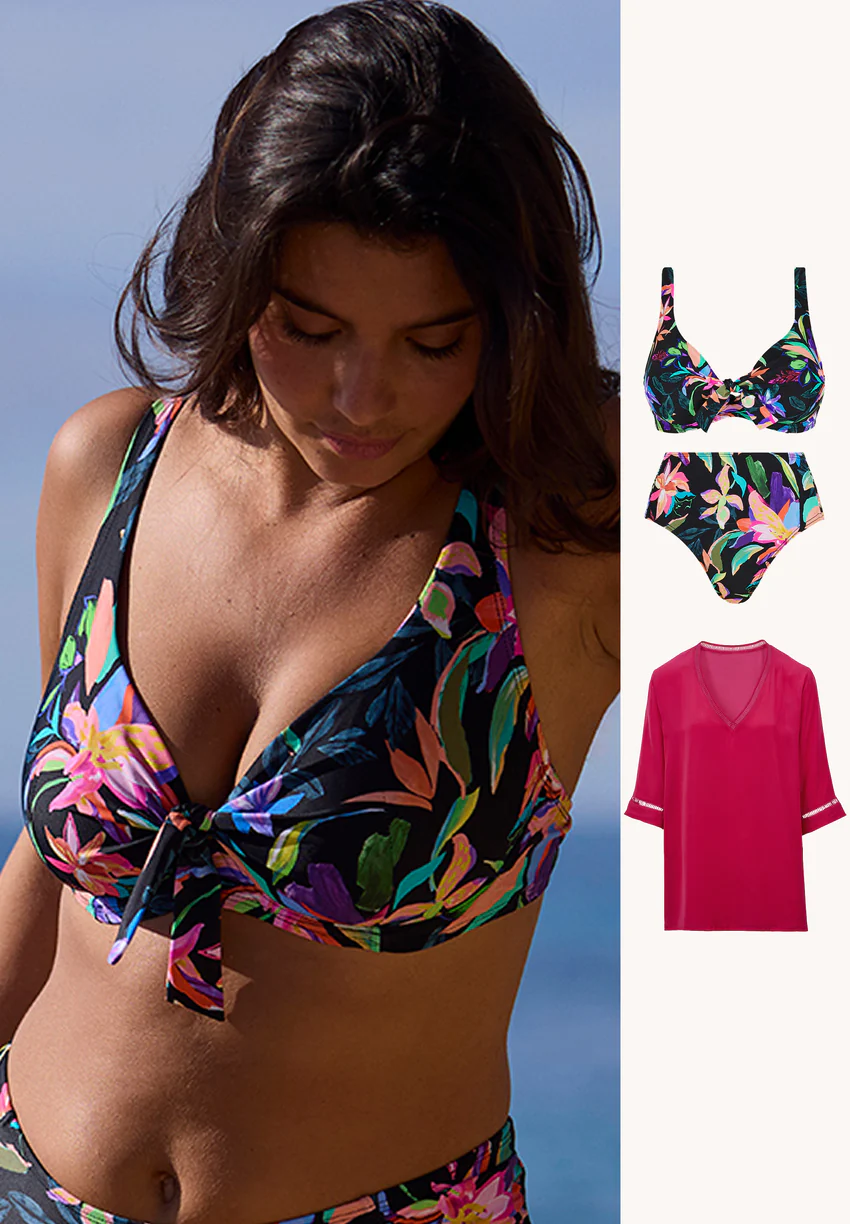 Ensemble maillot de bain 2 pièces Barbade noir et tunique rose