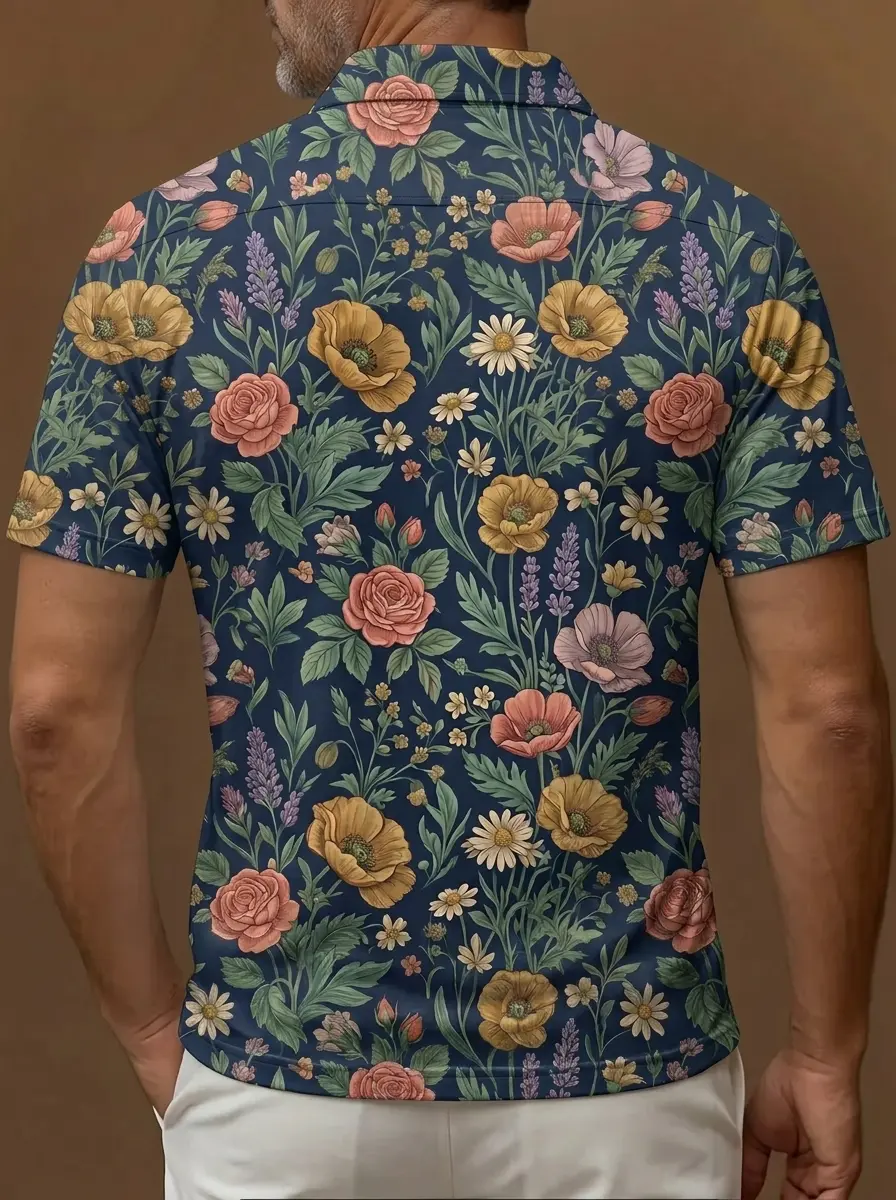 Vintage Wildflower Floral Print on Navy Blue Short Sleeve Golf Polo Shirt