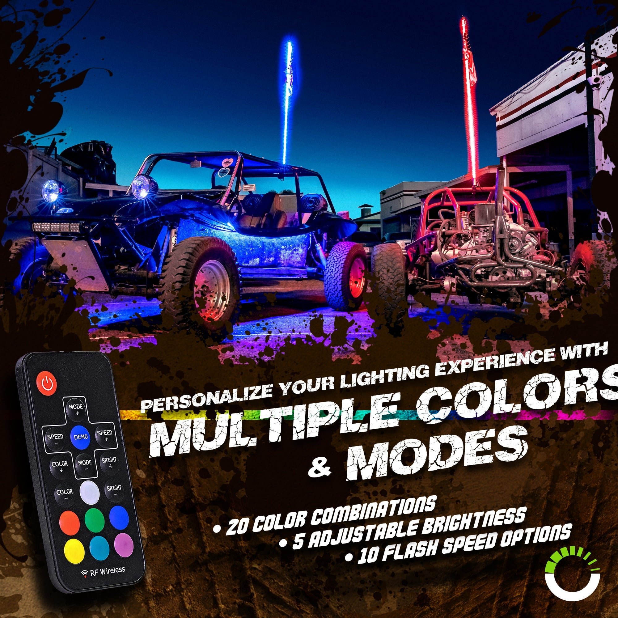 2pc 3ft LED Whip Lights w/ Flag [21 Modes] [20 Colors] [Wireless Remote] [Weatherproof] Lighted Antenna Whips – Accessories for ATV Polaris RZR 4 Wheeler