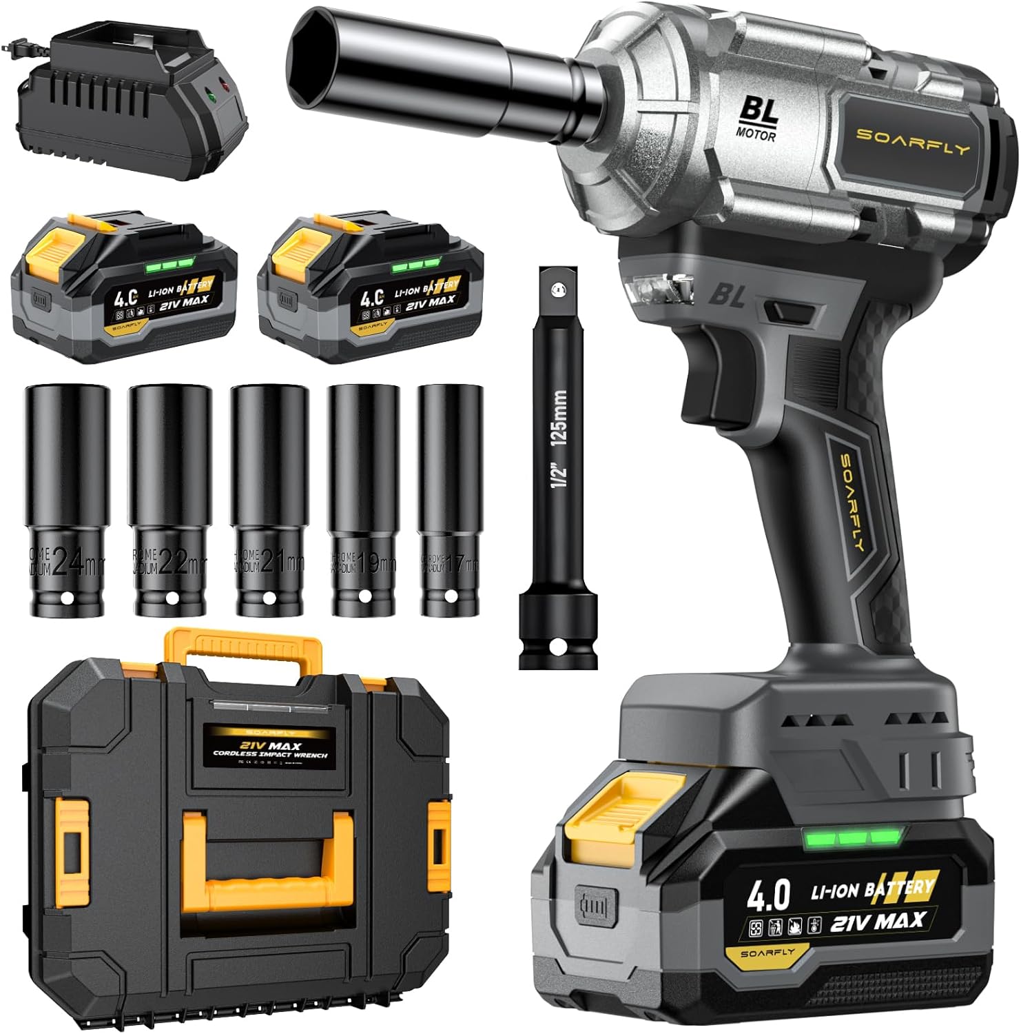 2026 Cordless Impact Wrench, 1200Nm(900ft-lbs) High Torque 1/2'' Impact Wrench, 21V Brushless Electric Impact Gun with 2Pcs 4.0Ah Batteries, 1 Hour Fast Charger, 5 Sockets, Power Impact Driver for Car Home