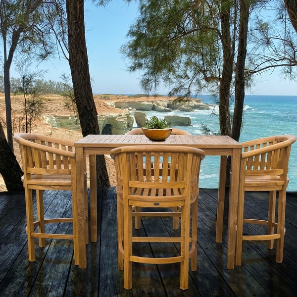 Chic Teak 5 Piece Teak Wood Peanut Patio Bistro Bar Set with 4 Bar Chairs and 55