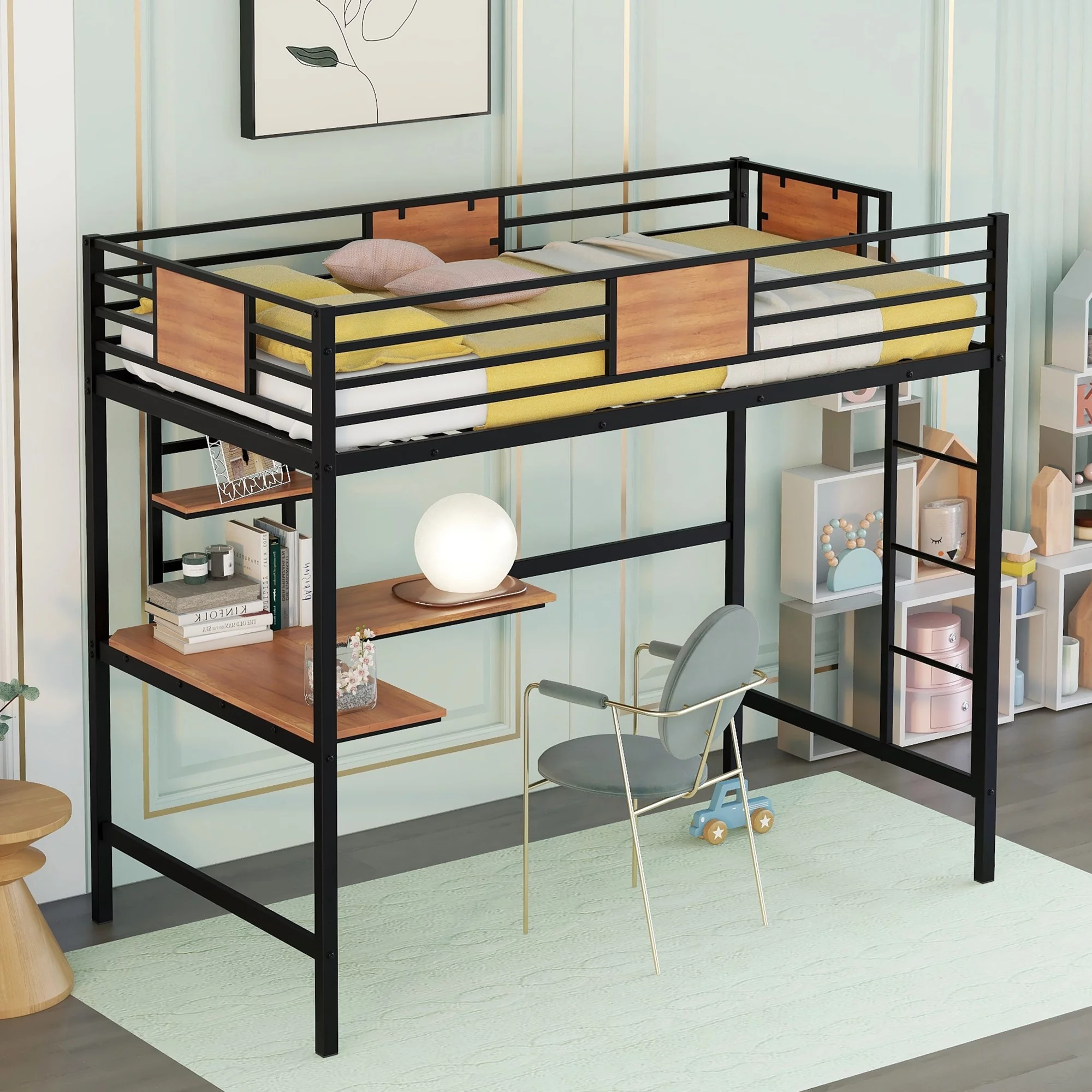 iRerts Metal Loft Bed with Desk, Twin Size Loft Bed Frame with Full-length Safety Guard Rail and Shelves for Teens Junior Adults, Easy to Build, Black
