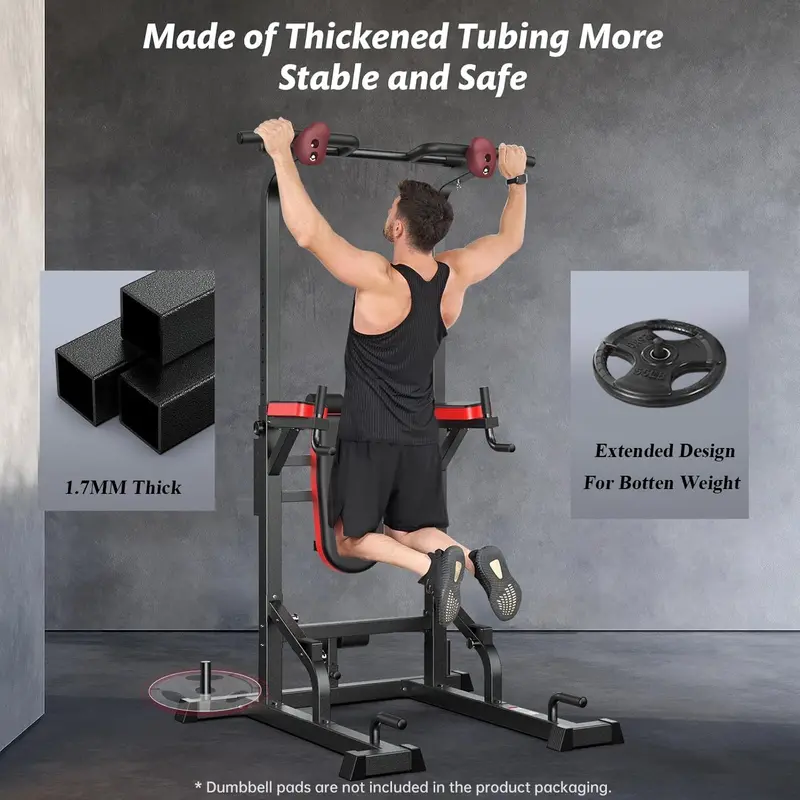 Pooboo Adjustable Power Tower – Dip Station, Pull-Up Bar & Decline Bench in One