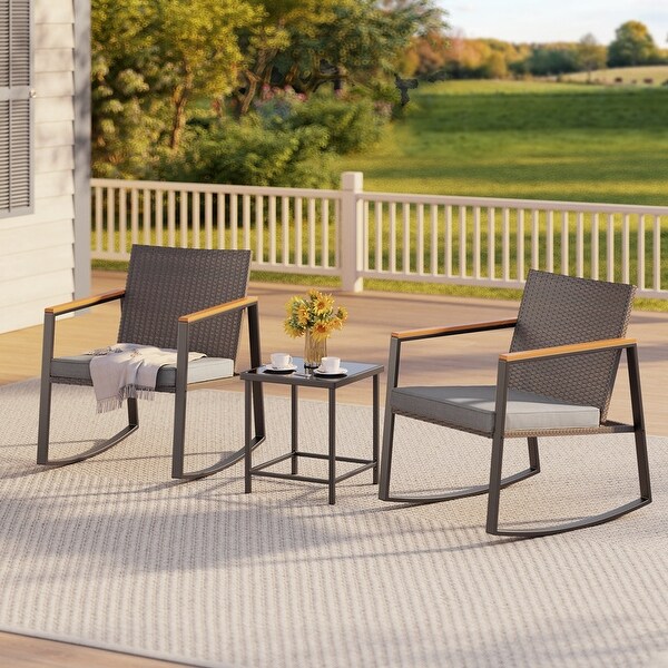 3 Piece Rocking Patio Bistro Set Wicker,Rocking Chair Pub Set with Glass Table