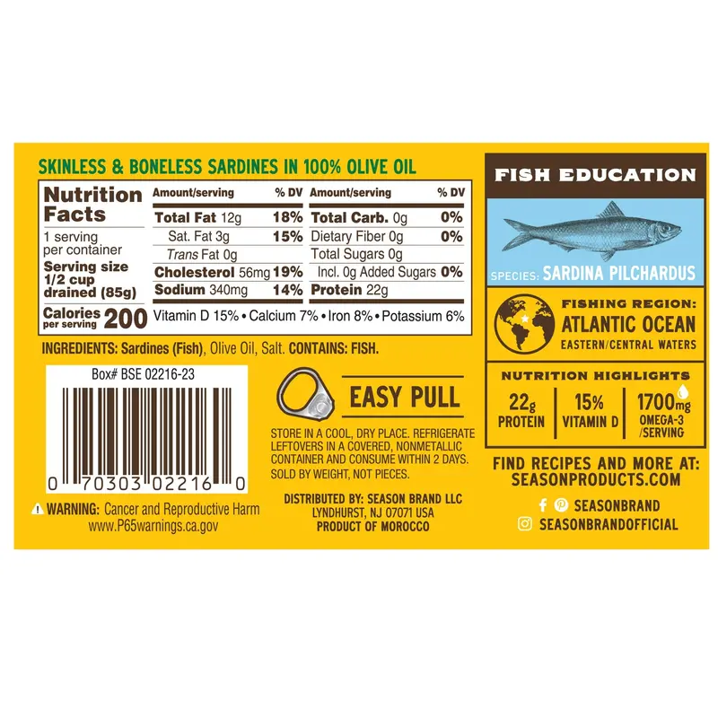 Season Premium Sardines in Olive Oil – Sustainable, No Added Salt, 4.375 oz Can (6-Count)