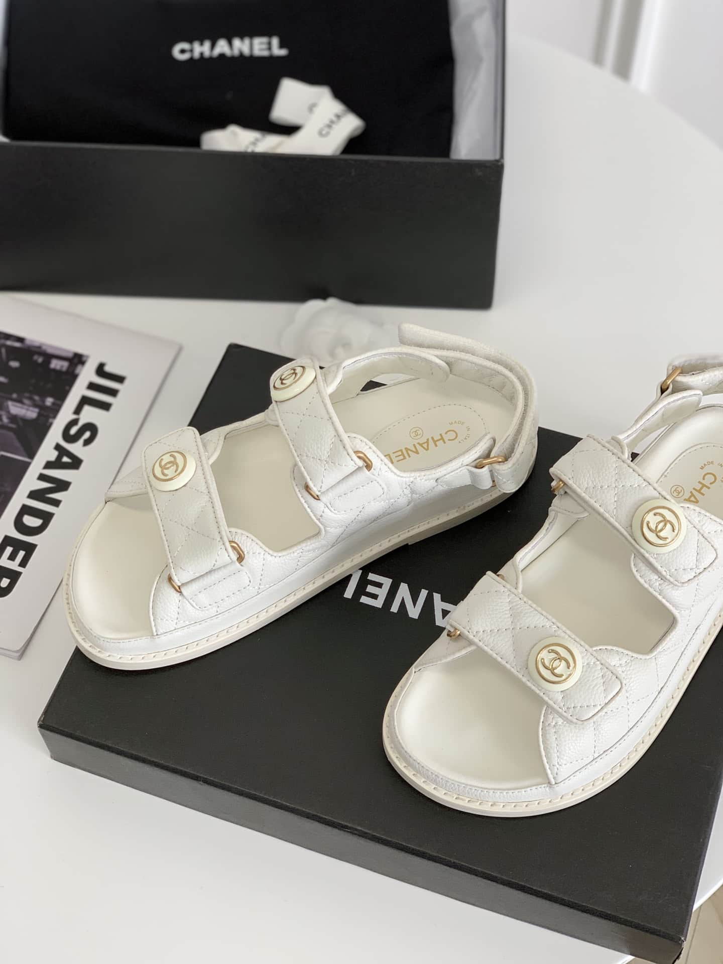 Chanel Cc Button Velcro White Sandals Grained Calfskin Leather