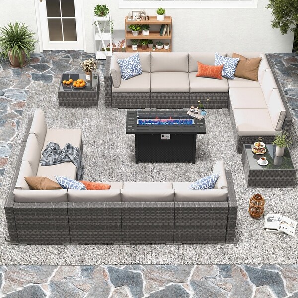 15 Piece Wicker Set Patio Sofa Furniture with Fire Pit And Table