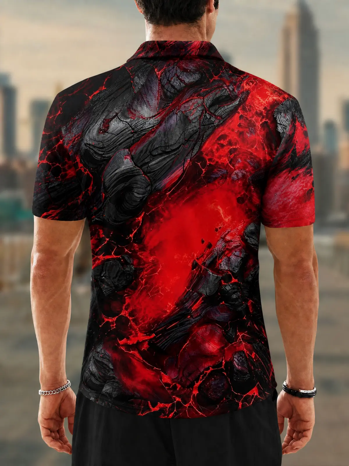Moisture Wicking Golf Polo 3D Red Black Lava Marble Texture Button Short Sleeve Golf Polo Shirt