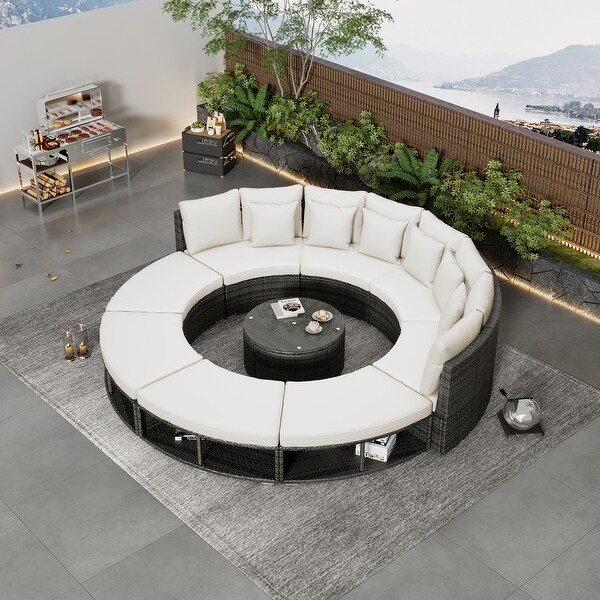 9Piece Outdoor Patio Circular Outdoor Sofa Set,Rattan Wicker Sectional Sofa Lounge Set,Round Conversation Seating Groups