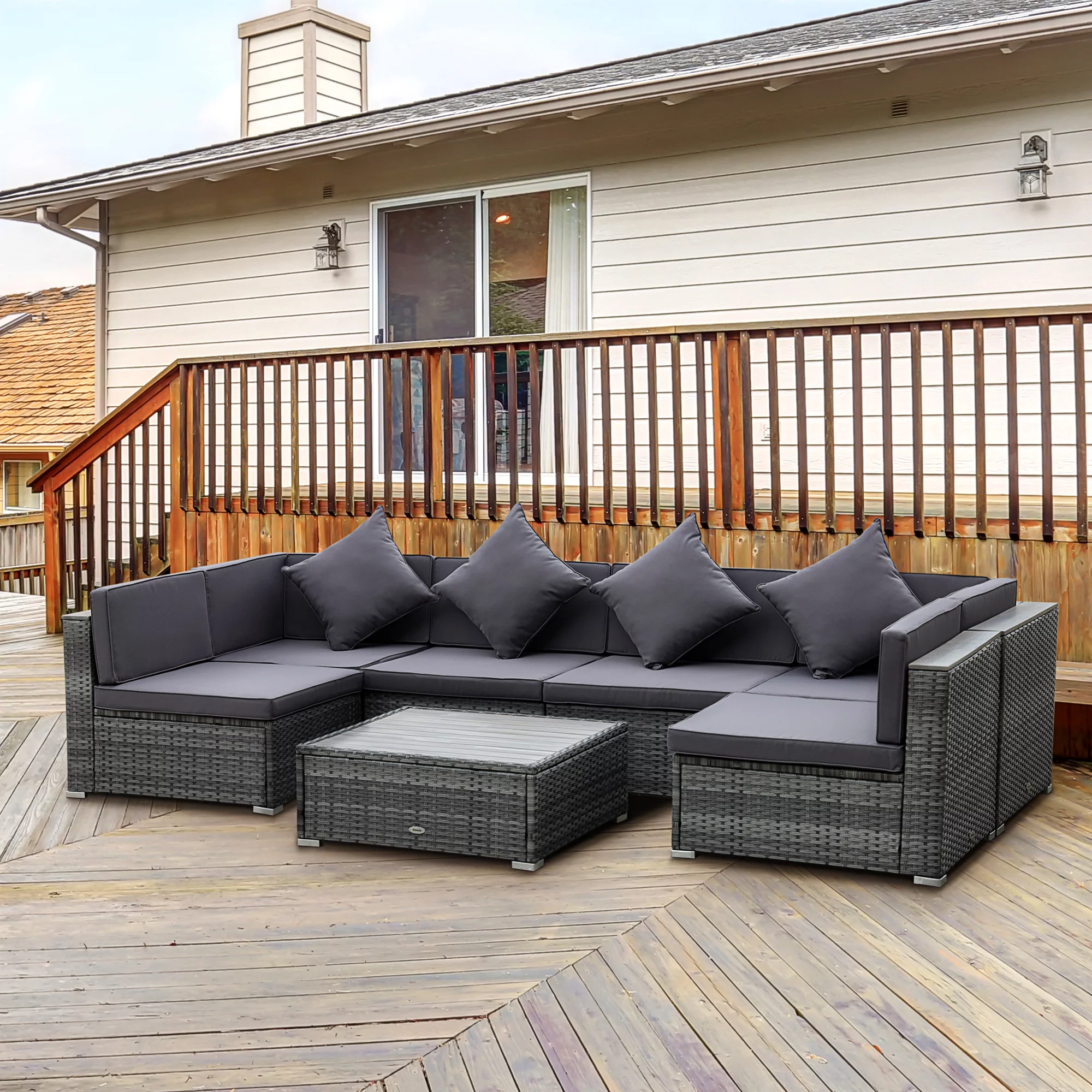 Outsunny 7-Piece Patio Furniture Sets PE Rattan Sectional Sofa Set Outdoor Conversation Set w/ Acacia Top Coffee Table & Cushion for Garden, Backyard, Grey