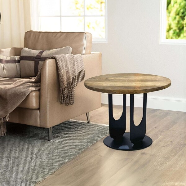 22 Inch Side End Table,Round Natural Mango Wood Top,Black Iron U Shaped Legs