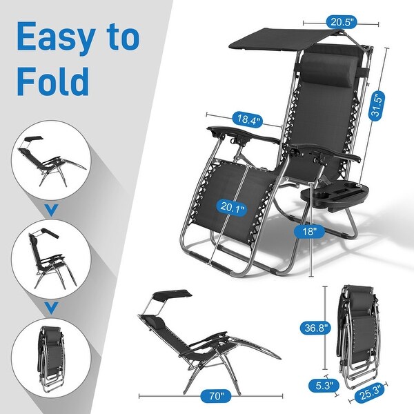 Patio Single Zero Gravity Folding Lounge Recliner Chair with Canopy and Cup Holder