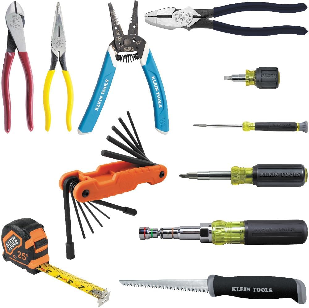 5300 Tool Set, Electrician Tool Kit has 4 Screwdrivers, 4 Pliers, Tape Measure, Stripper, Tool Pouch, Tool Belt, 12-Piece