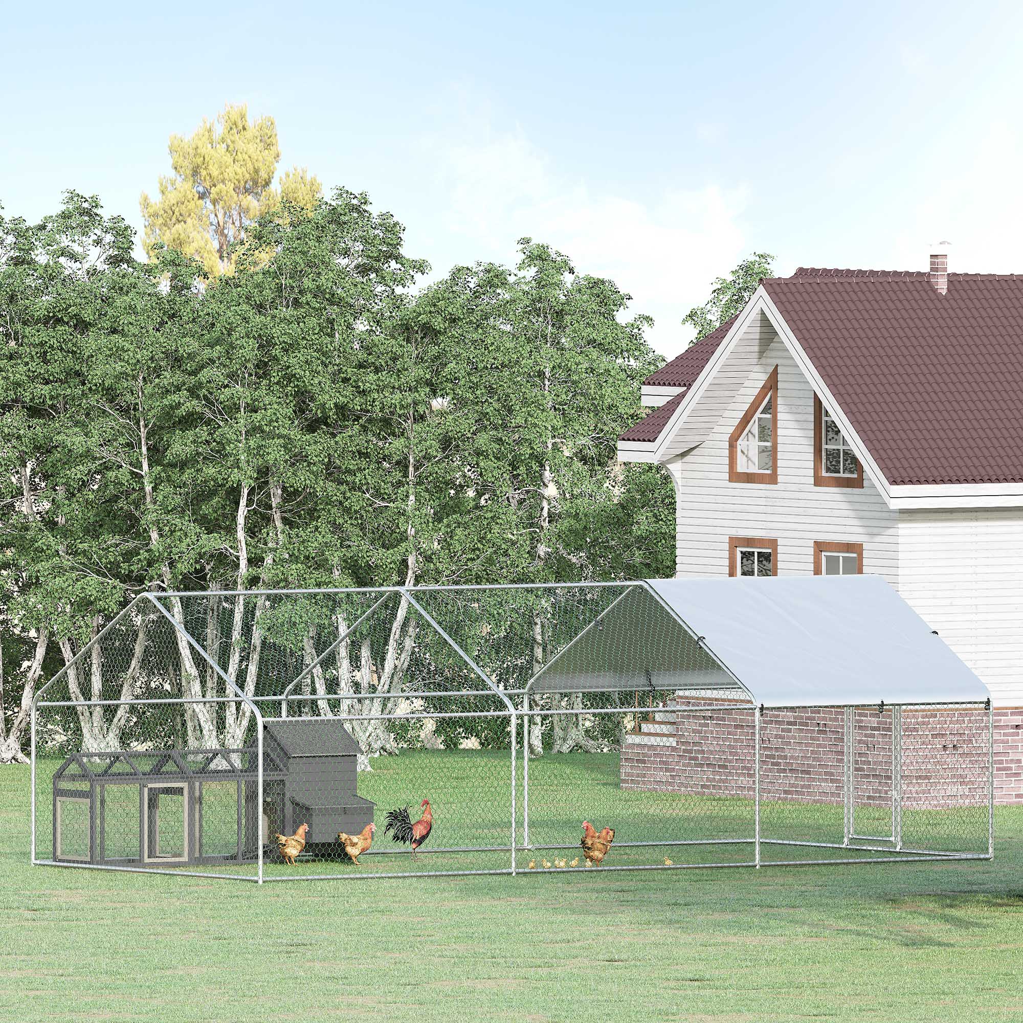 PawHut Galvanized Large Metal Chicken Coop Cage, 3 Room Walk-in Enclosure, Poultry Hen House with UV and Water Resistant Cover for Outdoor Backyard, 10' x 19.7' x 6.4'